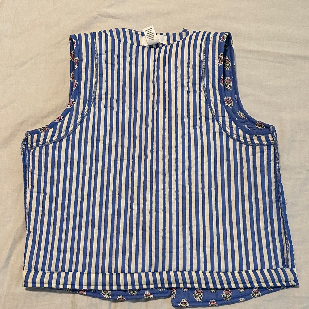 Blue Floral Quilted Vest - Women's Sleeveless Jacket - Picture 11 of 12